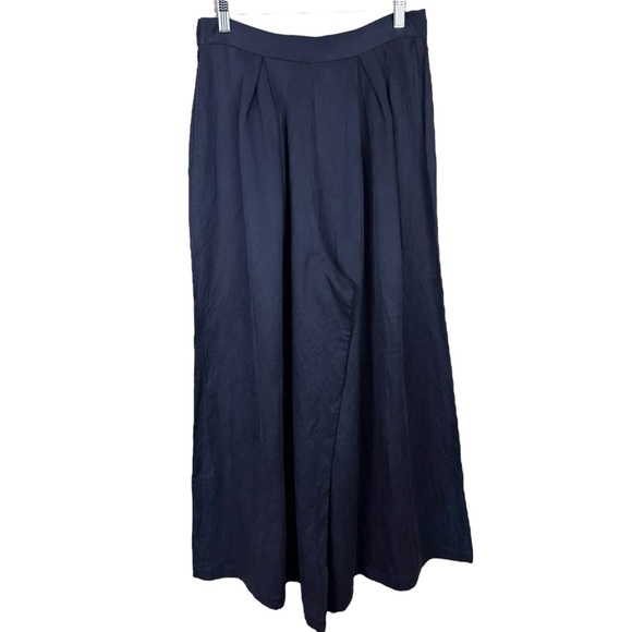 SILVAE Navy Blue Linen Cupro Blend Wide Leg Cropped Trousers - Picture 5 of 7